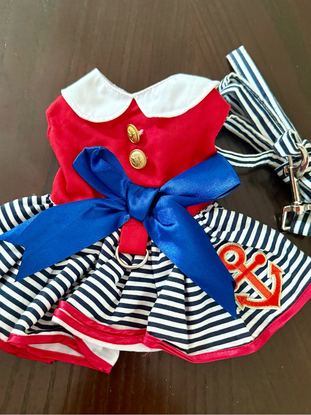Nautical Striped Sailor Dress with Blue Bow acts as collar/harness with Leash